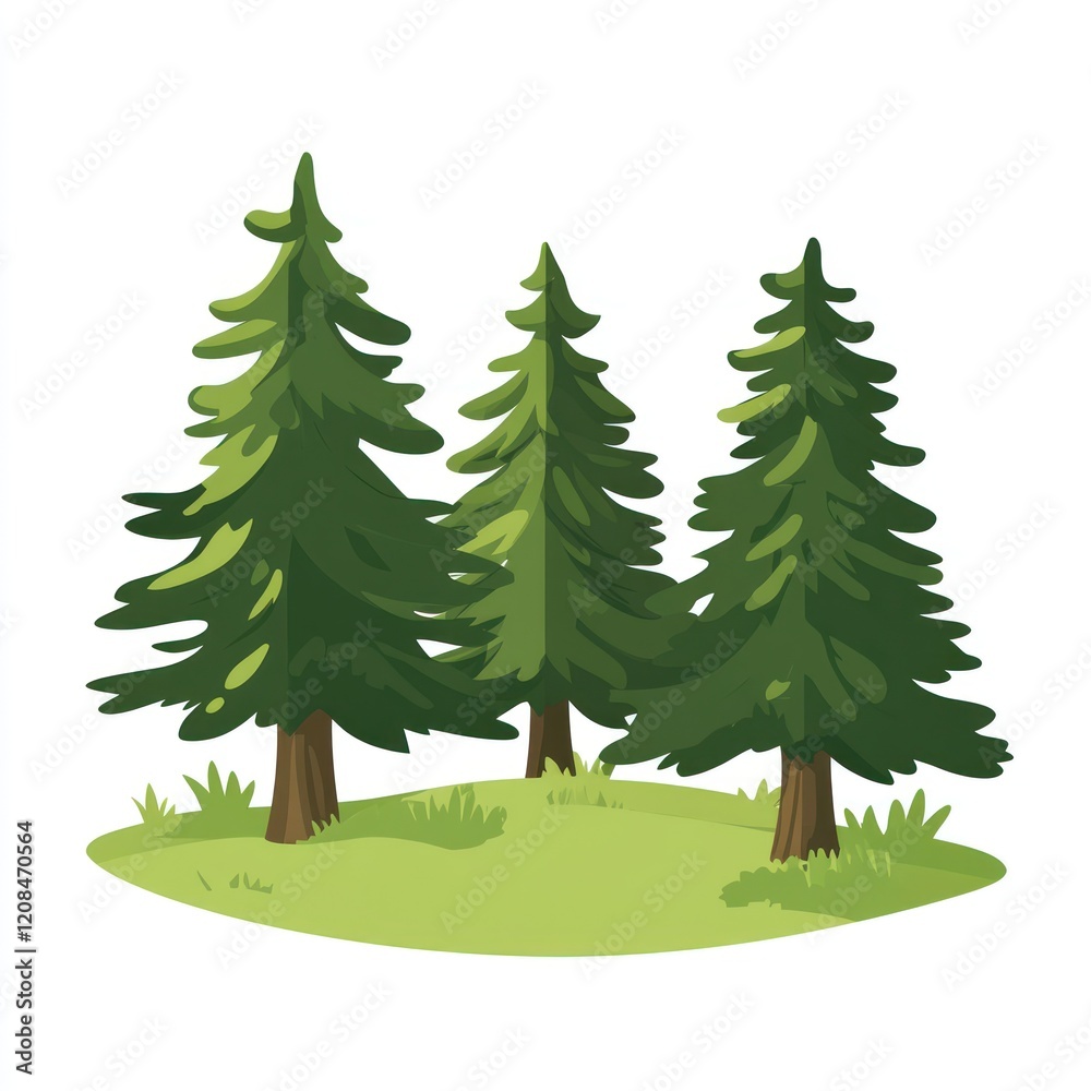 Naklejka premium Three Evergreen Trees on a Green Hillside