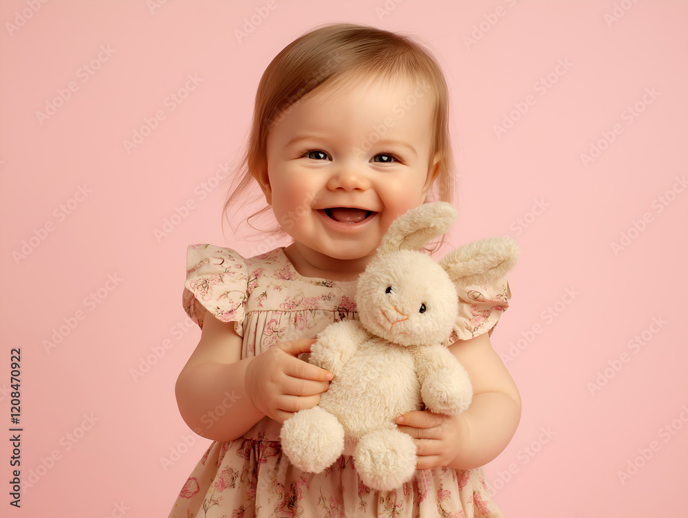 Adorable baby girl holding a plush bunny toy, wearing a floral dress, standing against a soft pink background, sweet and cheerful childhood moment captured Adorable baby girl holding a plush bunny toy, wearing a floral dress, standing against a soft pink background, sweet and cheerful childhood moment captured