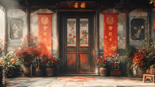 Traditional Chinese Courtyard Adorned with Red Banners and Decorations