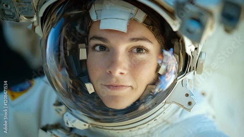 Female astronaut in white spacesuit with gentle smile looking through protective helmet visor during space mission, close up portrait with reflection of earth. Space exploration and women in science