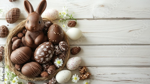 Charming easter background with chocolate eggs and bunny for festive celebrations