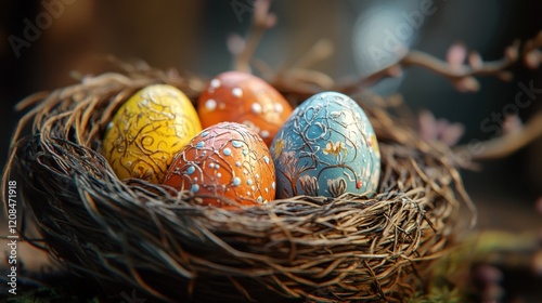 Vibrant easter eggs nestled in a rustic basket for festive spring decor