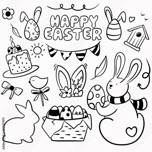 Big set of vector black doodle elements for Easter: bunny with egg, Easter cake, lettering, basket with eggs, bunny ears with flowers, eggs with ears, birdhouse, lollipop in the form of a bird