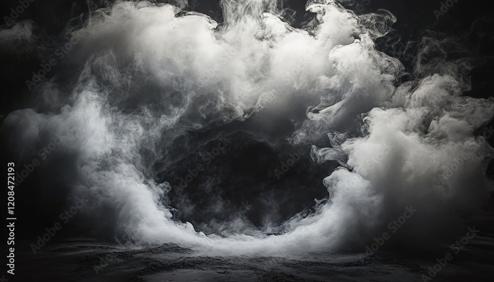 Fototapeta premium A large, dark hole in the ground, surrounded by swirling smoke and mist, on a black background