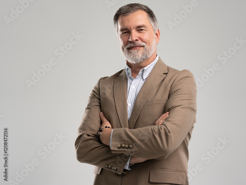 Entrepreneur in jacket smiling, Happy mid adult, mature age man standing, smiling, isolated on white background