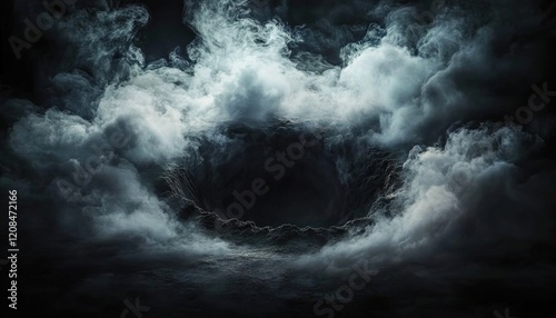  A large, dark hole in the ground, surrounded by swirling smoke and mist, on a black background