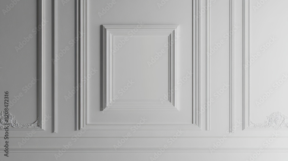 Elegant white wall with rectangular panels and ornate molding design Elegant white wall with rectangular panels and ornate molding design