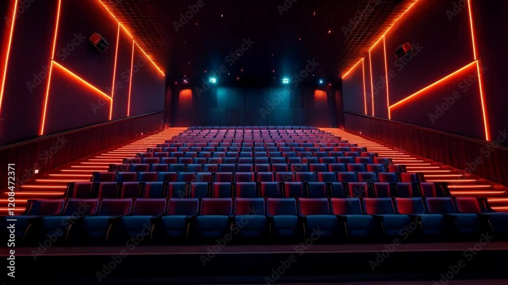 Modern cinema auditorium interior with rows of comfortable seats, illuminated stairs, wall lighting and surround sound speakers. Concept of contemporary entertainment venue design