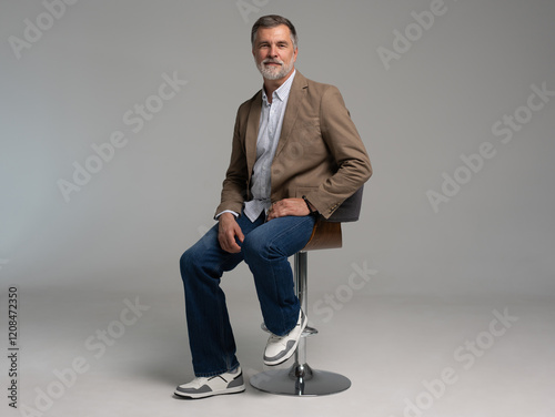 full body picture of happy elegant mature man sitting, laughing in front of white