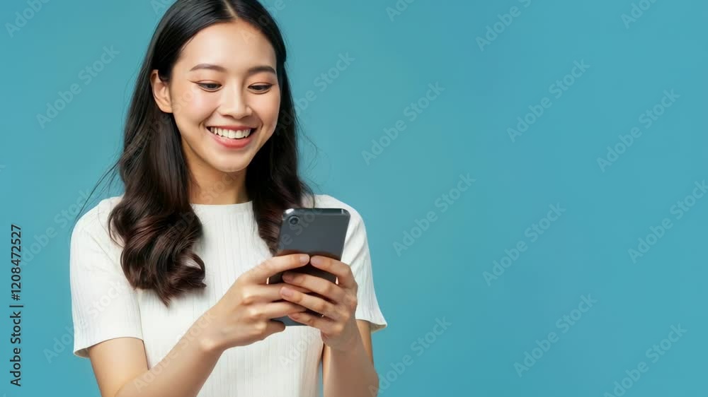 Young asian woman using smartphone, isolated on a blue background