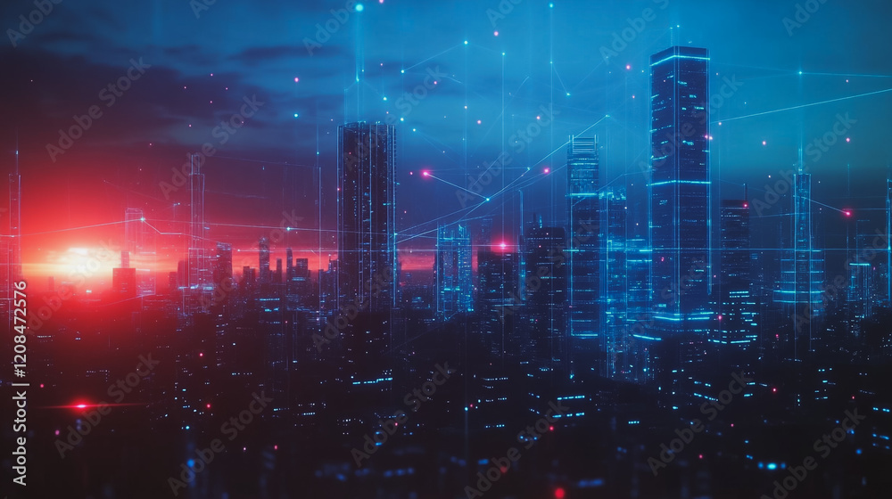 Naklejka premium smart, digital, city, connection, network, innovation, Smart digital Innovation city with connection network reciprocity over the cityscape. of future smart wireless digital city and social media netw