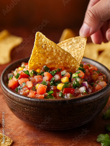Bowl of salsa with tortilla chip being dipped.