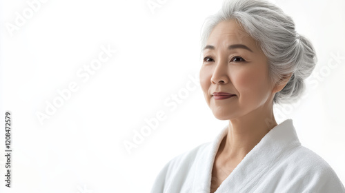 Elderly Asian woman with luminous skin in white robe, smiling softly