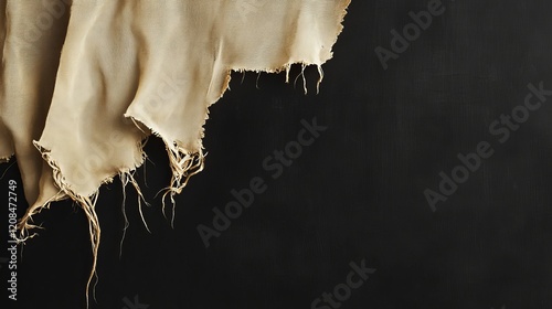 A torn, hanging piece of beige fabric with frayed stitching and loose threads is isolated against a black background, ideal for use as a texture or background