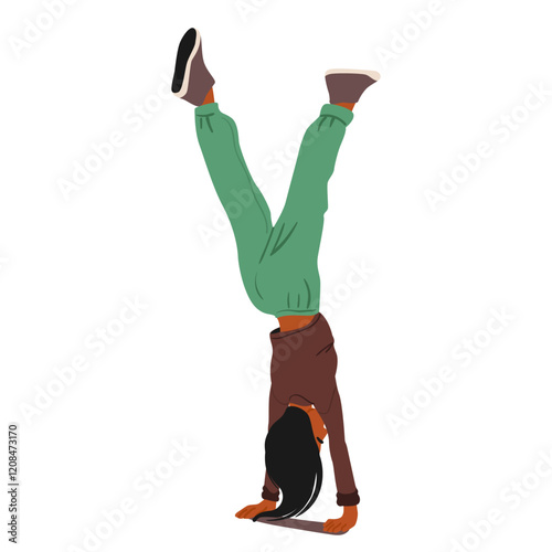 Carefree confident young woman cartoon character standing upside down handstand sport position