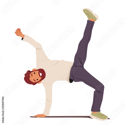 Trendy fashion guy standing upside down showcasing funny positive emotions rejoicing success