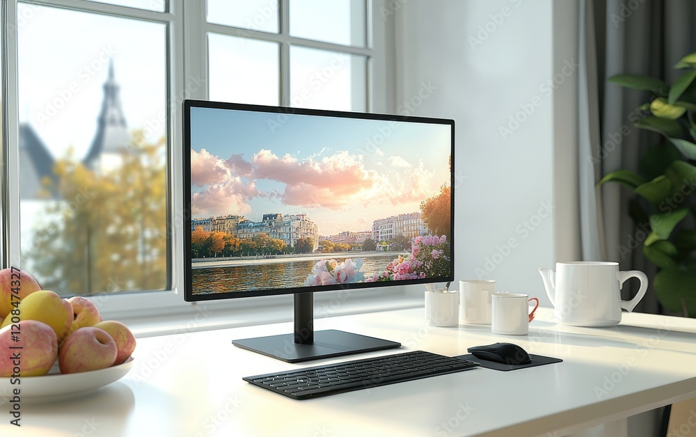Fototapeta premium Professional home office setup with a widescreen monitor mockup on a white desk, large window in the background, bright daylight