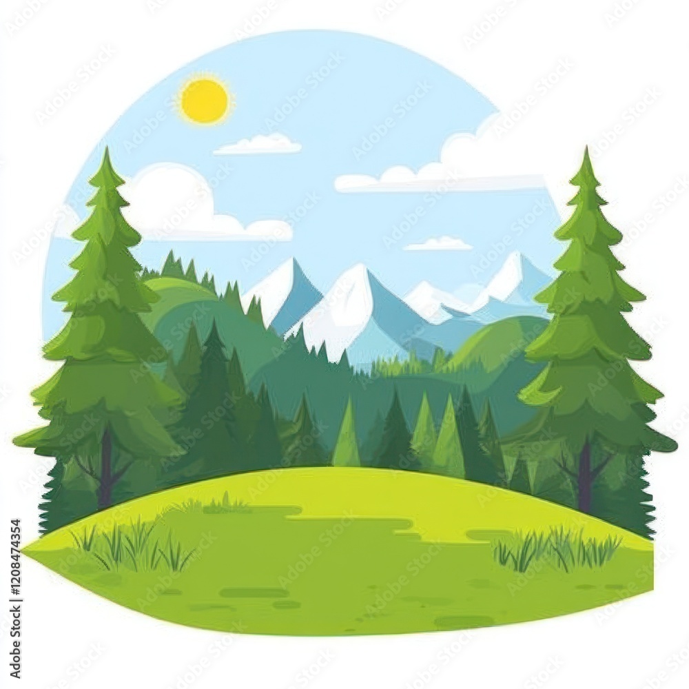 Fototapeta premium Serene Mountain Landscape With Green Trees And Meadow