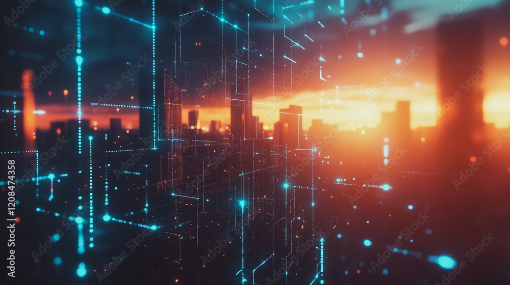 Obraz premium Smart digital Innovation city with connection network reciprocity over the cityscape. of future smart wireless digital city and social media networking systems that connects people with in city