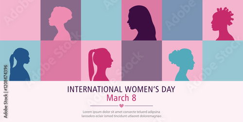 Banner for International Women's Day. Silhouettes of women of different nationalities standing side by side.Vector illustration.