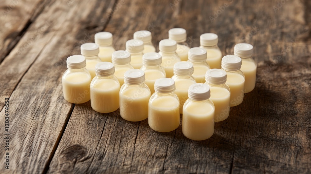 Small milk bottles, wooden table, dairy farm, product shot Small milk bottles, wooden table, dairy farm, product shot