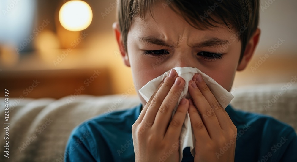 Young boy with a tissue, showing signs of a cold or allergies Young boy with a tissue, showing signs of a cold or allergies