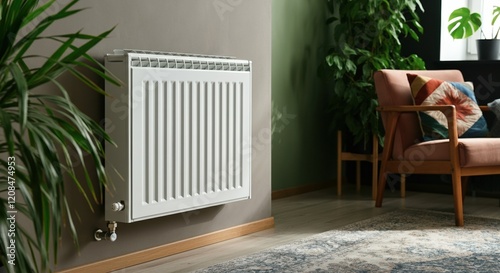 Modern radiator in a cozy living room with plants and comfortable seating