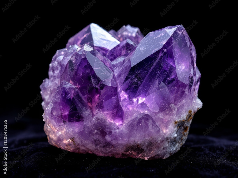 Close-up of a cluster of purple amethyst crystals on a dark surface under soft studio light