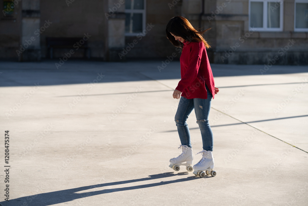 Fototapeta premium Young woman roller skating downtown, wearing red sweater and jeans, enjoying urban recreational moment with energetic movement