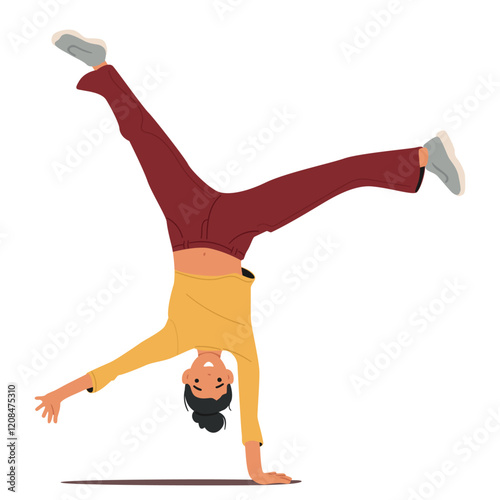 Funny teenage girl cartoon character standing upside down enjoying joyful activity occupation