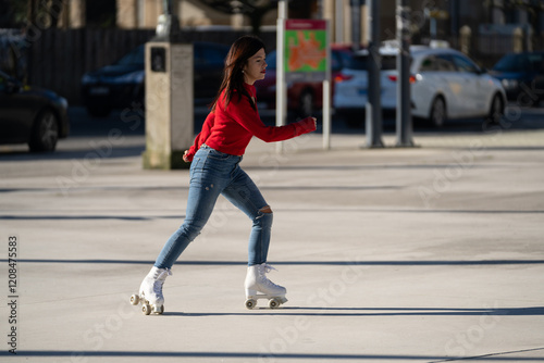 Young woman roller skating in urban setting, red sweater and jeans, gliding smoothly on sunlit pavement with relaxed, fluid motion photo