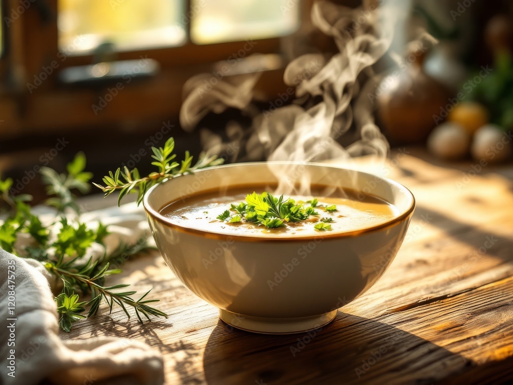 Close-up of a bowl of hot soup with fresh herbs on a wooden table under soft natural light Close-up of a bowl of hot soup with fresh herbs on a wooden table under soft natural light
