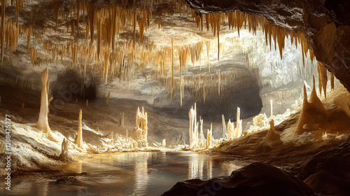 An expansive hidden cave with shimmering stalactites, stalagmites, and an underground river. Shimmering Cave. Illustration