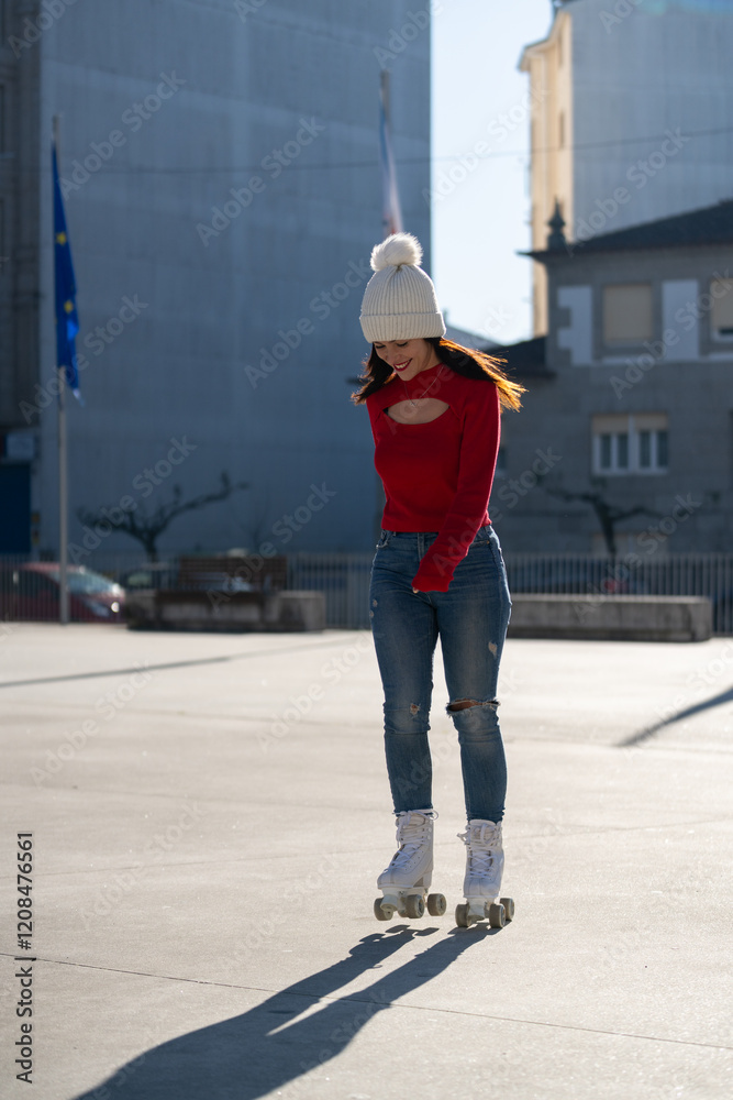 Young woman roller skating in city, wearing red sweater and white beanie, embodying energetic, free spirited urban lifestyle on bright day Young woman roller skating in city, wearing red sweater and white beanie, embodying energetic, free spirited urban lifestyle on bright day