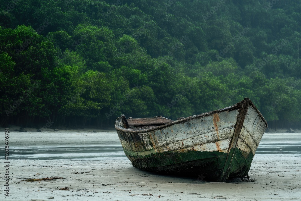 A weathered wooden boat rests on a tranquil beach, backed by a lush green forest. A weathered wooden boat rests on a tranquil beach, backed by a lush green forest.