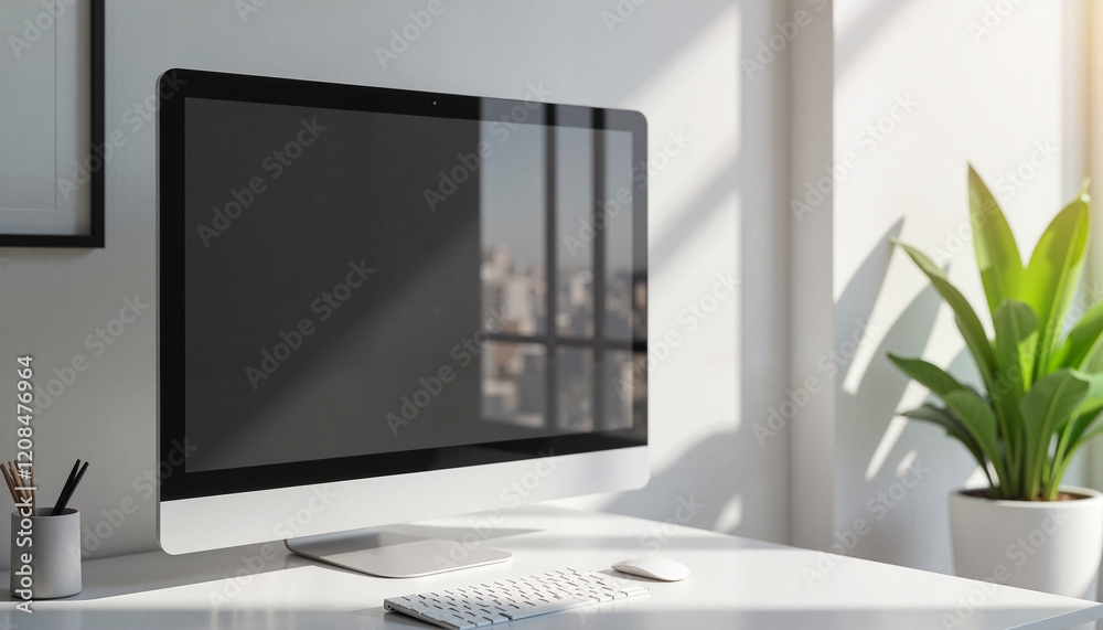 Obraz premium Modern desktop setup with computer and plant, productive workspace