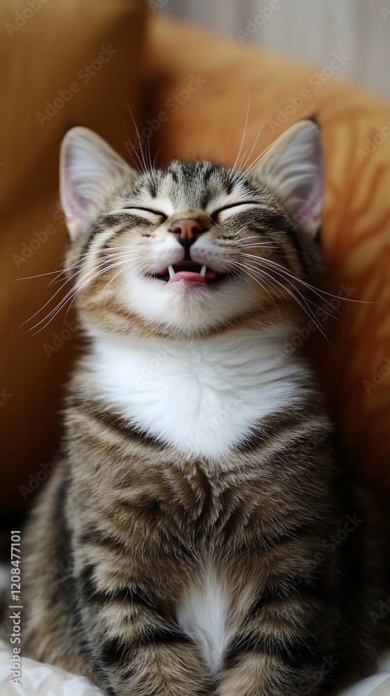 A cheerful and sweet cat chuckling set against a solid background. A cheerful and sweet cat chuckling set against a solid background.