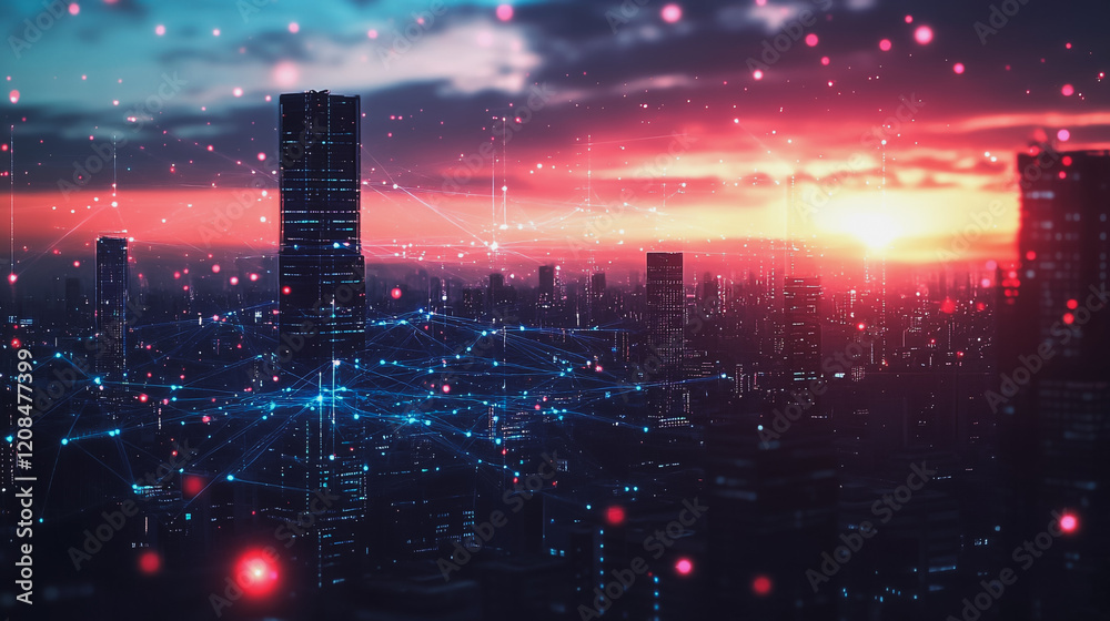 Fototapeta premium Smart digital Innovation city with connection network reciprocity over the cityscape. of future smart wireless digital city and social media networking systems that connects people with in city