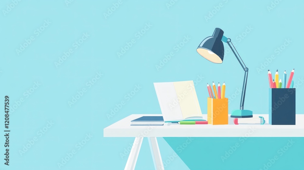 Obraz premium Student's Desk, Workspace, Laptop, Study, Learning, Background, Minimalist, Education, Illustration, Online
