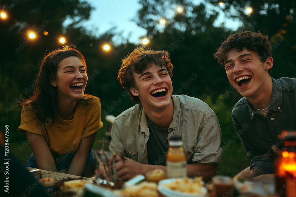Three young men and a woman are sitting around a table, laughing Three young men and a woman are sitting around a table, laughing