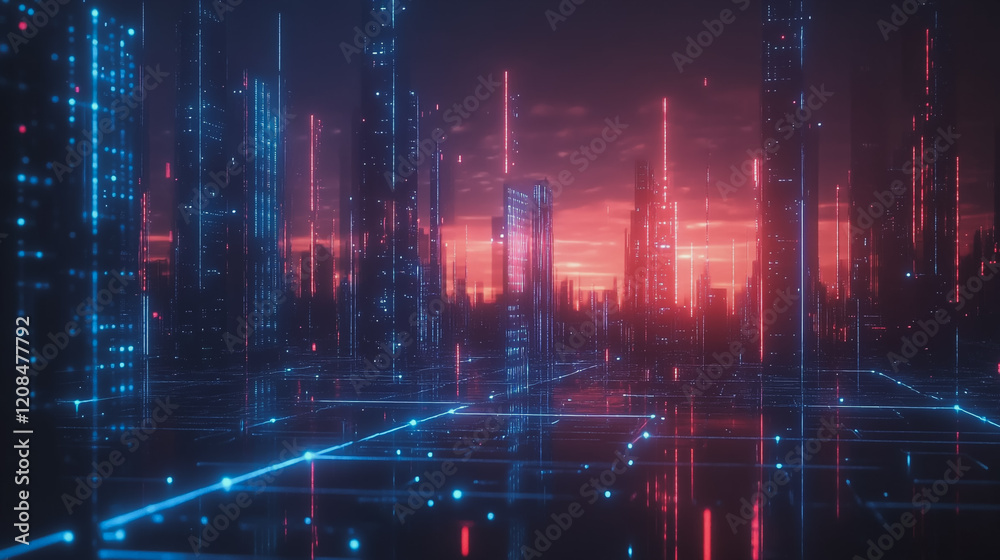 Fototapeta premium Smart digital Innovation city with connection network reciprocity over the cityscape. of future smart wireless digital city and social media networking systems that connects people with in city