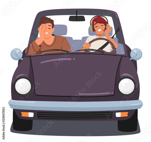 Couple car travelers while girlfriends driving listening music in headphones and irritated boyfriend