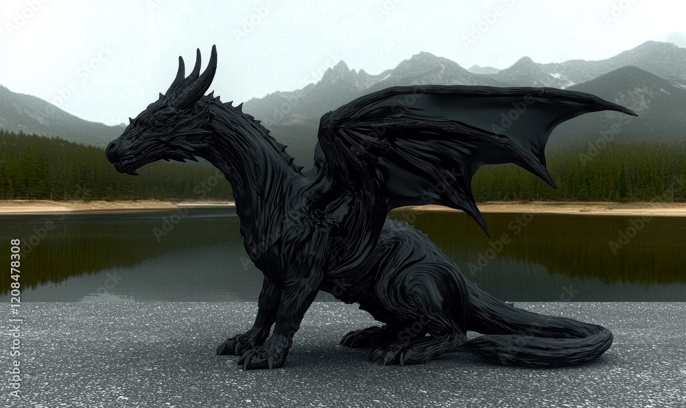 Fototapeta premium Black dragon statue on a lakeside