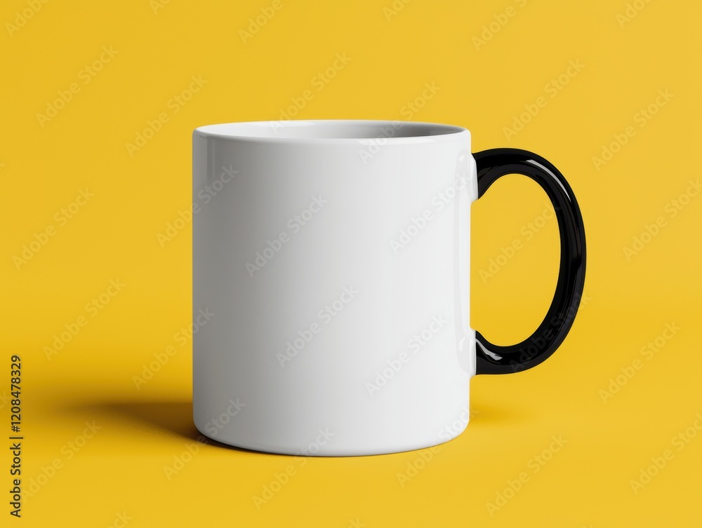 White mug with black handle on yellow background White mug with black handle on yellow background