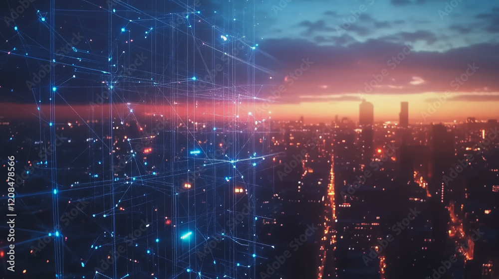 Fototapeta premium Smart digital Innovation city with connection network reciprocity over the cityscape. of future smart wireless digital city and social media networking systems that connects people with in city