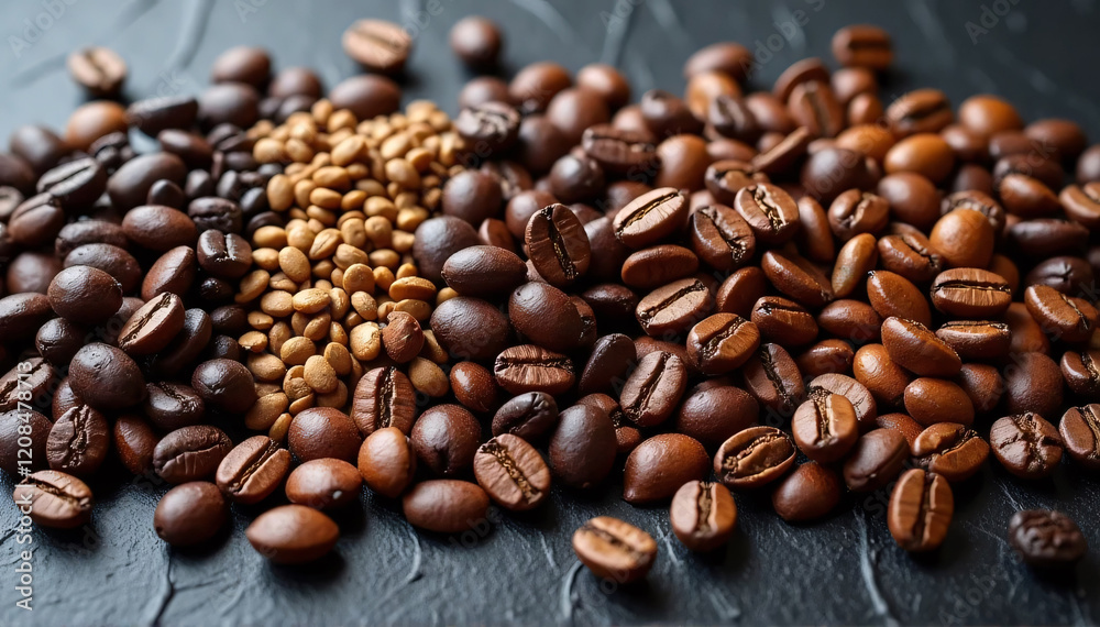 Fototapeta premium Coffee beans of various varieties and colors, ranging from darker to lighter tints, are laid on a dark-textured tabletop. 