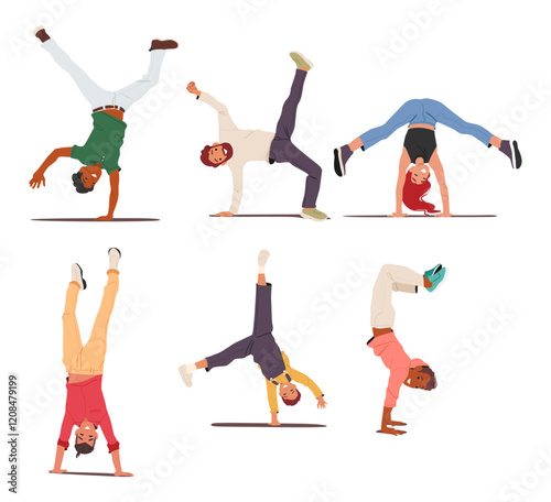 Different diverse young people active cartoon characters standing upside down in various position