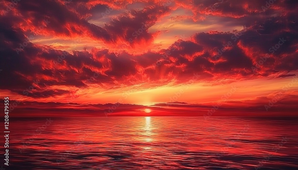 Naklejka premium A red sunset over the ocean with beautiful clouds. The sky is painted in vibrant red, creating an enchanting and romantic atmosphere.