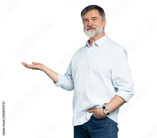 mid aged business man presenting something in the back while holding a hand in his pocket and smiling for the camera on transparent