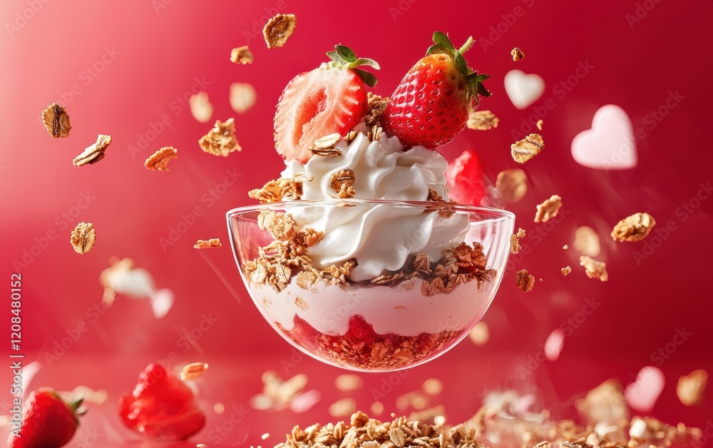 A flying bowl of strawberry yogurt parfait with granola mid-air on a valentines day backdrop A flying bowl of strawberry yogurt parfait with granola mid-air on a valentines day backdrop